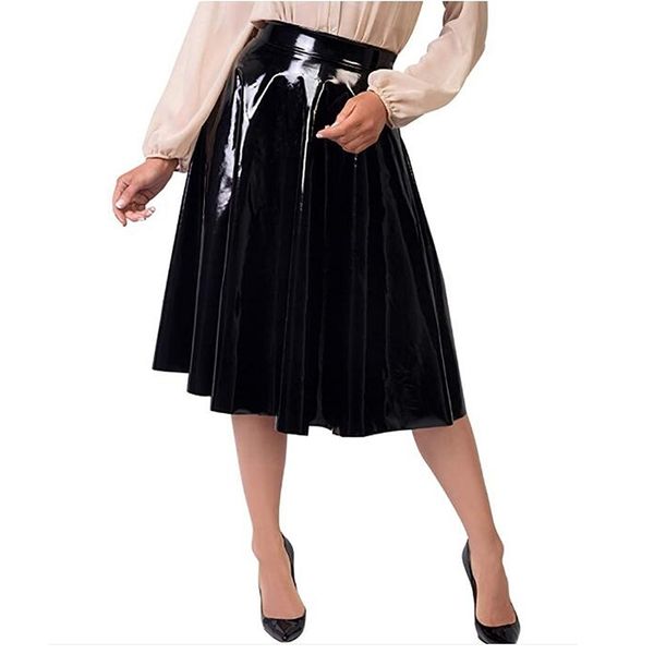 

12 colors wet look pvc gothic pleated midi skirt women vintage knee length high waist skirt formal party costume 210309, Black