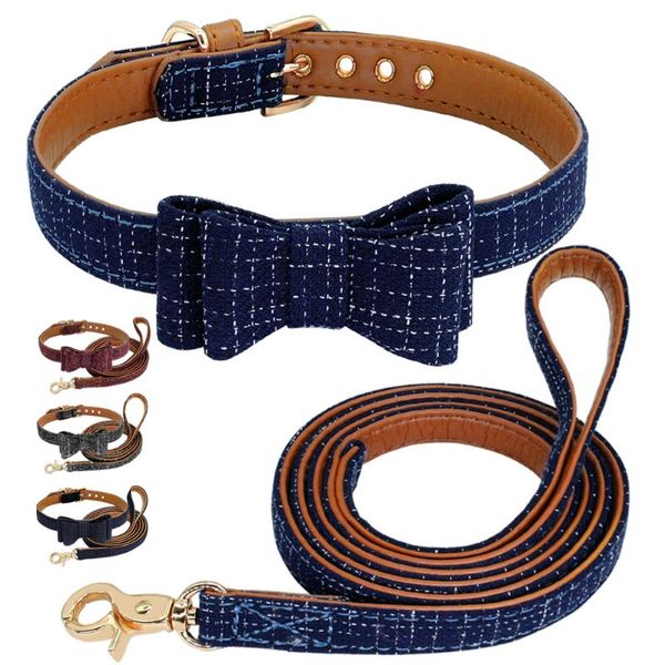 

dog collars & leashes plaid bowknot collar pet puppy cat leather leash set adjustable for small medium dogs cats chihuahua pug yorkie