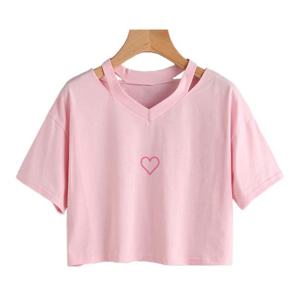 

women's t-shirt women graphic love heart printing cute tee summer pink kawaii style crop 90s v-neck casual vintage aesthetic, White
