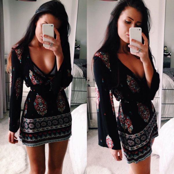 

fashion popular skirt print v-neck flared sleeve skirt dress, Black;gray