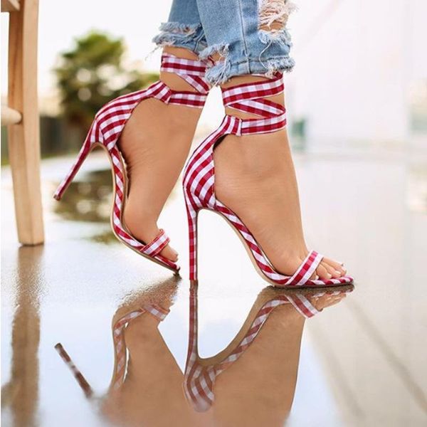 

dress shoes women's sandals in summer 2021 plaid peep toe high thin heel ankle strap lace-up butterfly-knot, Black