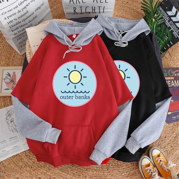 

men's hoodies & sweatshirts autumn winter men patchwork hoodie outer banks sun graphics print pullover harajuku fashion casual fleece c, Black