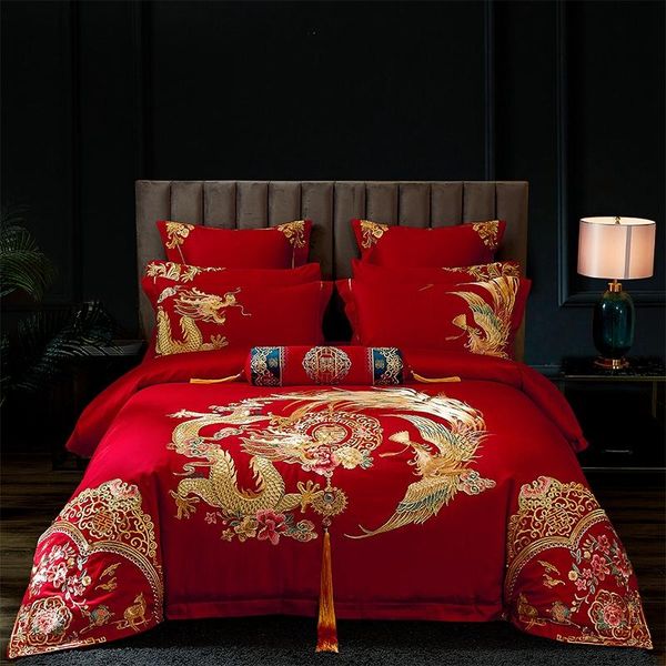 

bedding sets luxury 100s egyptian cotton gold phoenix loong embroidery wedding bed pillowcase cover sheet bedspread duvet set chinese