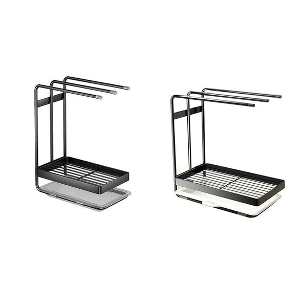 

kitchen storage & organization sponge holder for sink, stainless steel soap dispenser organizer, dish brush drying rack with drain pan
