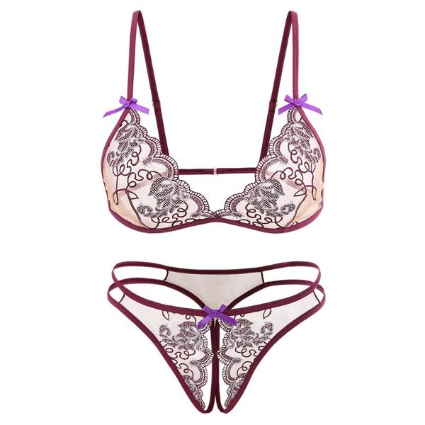 

bras sets perspective lace embroidery thin patterns non-steel bracket deep v gathering erotic women's underwear bra set open crotch, Red;black