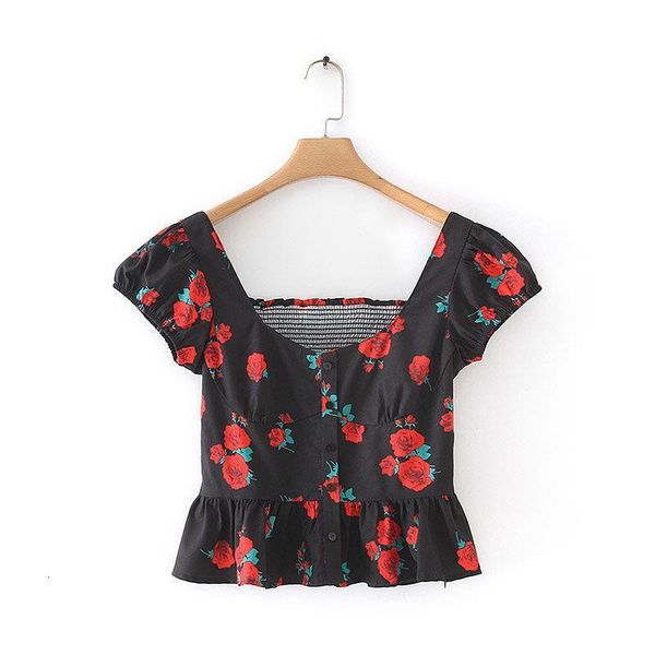

2021 women sweet rose floral print black blouse hem pleat ruffles shirts female floral back elastic casual slim ls3760, White