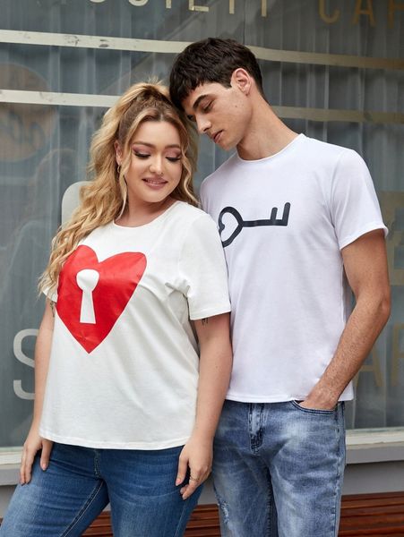

men 1pc heart and key print tee y9qc#, White;black