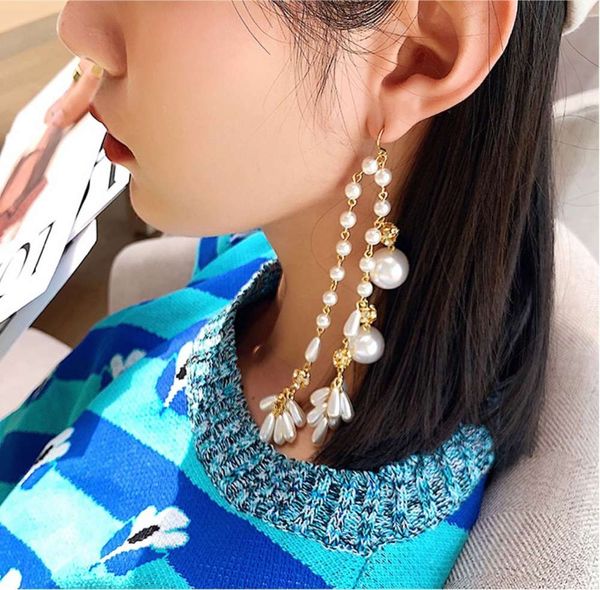 

hbp fashion pure handmade diamond ball pearl tassel asymmetric net red same earrings, Silver