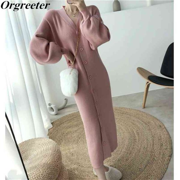 

fall winter bottoming sweater dress women v-neck single-breasted lantern sleeves mid spring knitted cardigan outwear 210602, Black;gray