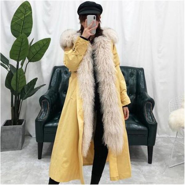 

women's fur & faux 2021 winter jacket women real coat side mongolia sheep natural collar hood rex lining long parka, Black