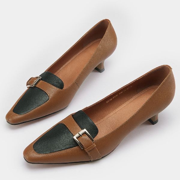 

womens genuine leather mix color patchwork slip-on pumps metal buckle pointed toe retro elegant ladies kitten heel dress shoes, Black