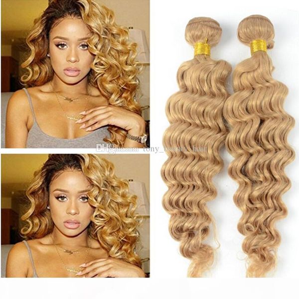 

9a #27 honey blonde russian deep wave virgin hair extensions 3pcs lot strawberry blonde remy human hair weave weft 3 bundle deals, Black