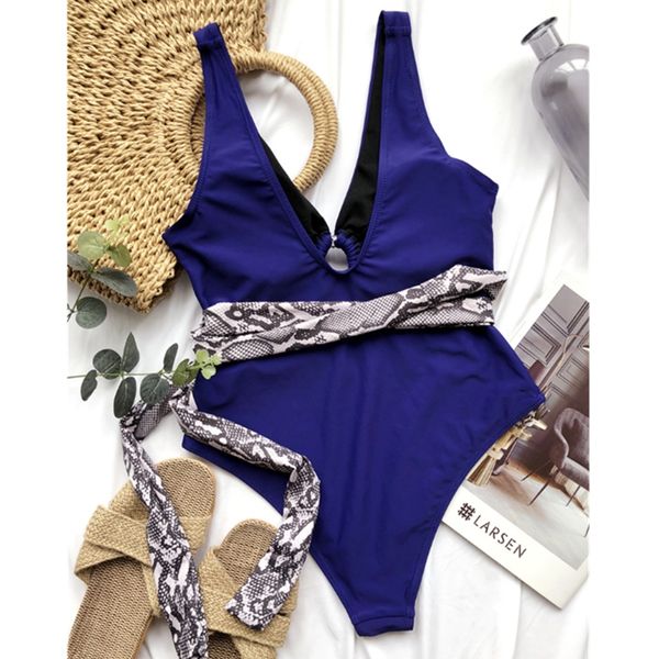 

2020 fashion one piece suits monokini women sleeveless deep v neck snakeskin bandage swimsuit beachwear bathing suit, Black