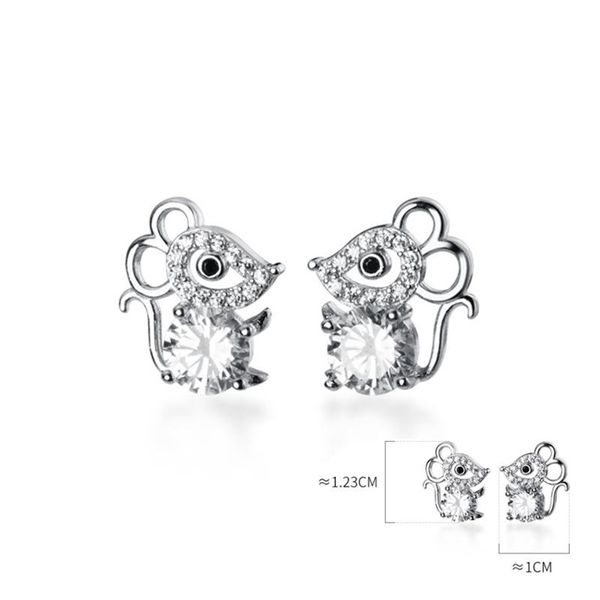 

100% 925 sterling silver cute clear cubic zirconia dazzling mouse rat animal earrings for kids girls chinese zodiac jewellery, Golden;silver