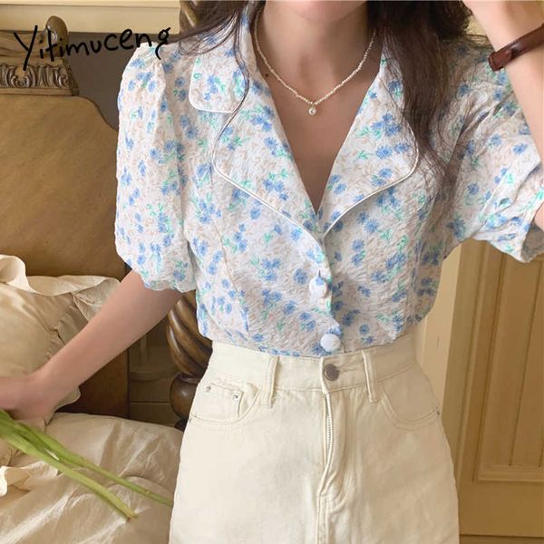 Yitimuceng Plaid Print Bluse Frauen Button Up Oversize Gerade Shirts Puff Sleeve Gelb Blau Sommer Koreanische Mode Tops 210601