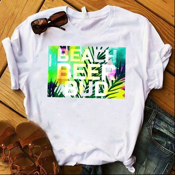 

women lady t shirt beer bud beach printed tshirt ladies short sleeve loose tee shirt women female clothes graphic t shirt, White