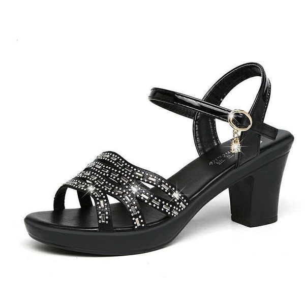 

sandals summer buckle high heels women rhinestones female chain shoes, Black