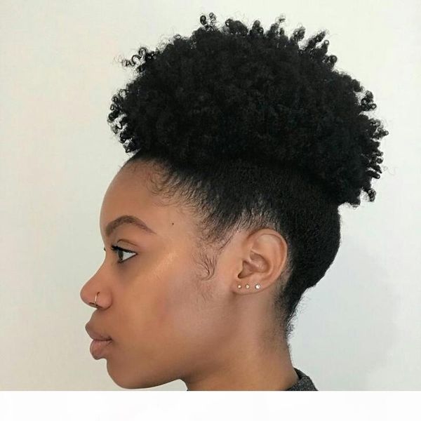

brazilian 100% real hair curly puff afro ponytail hair extension clip in remy afro kinky curly drawstring ponytails human hair piece 120g, Black