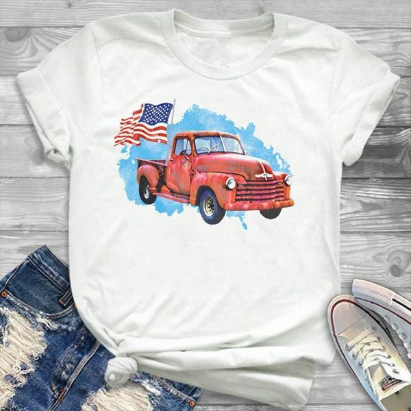 

truck american flag patriot printed women tee clothes graphic, White