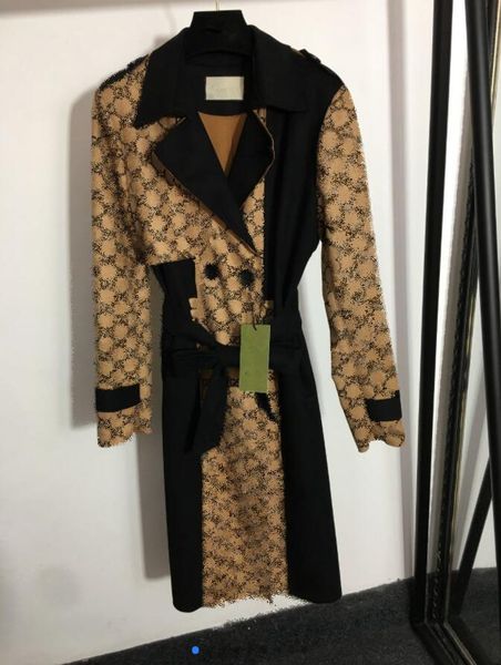 

printed color-blocked coat with waist double-breasted lapel long-sleeved windbreaker jacket 907, Tan;black