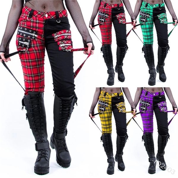 Vintage Pantolon Kadınlar Için Ekose Patchwork Kalem Pantolon Yüksek Bel Punk Stil Lady Rahat Harajuku Streetwear Kıyafetler X0629