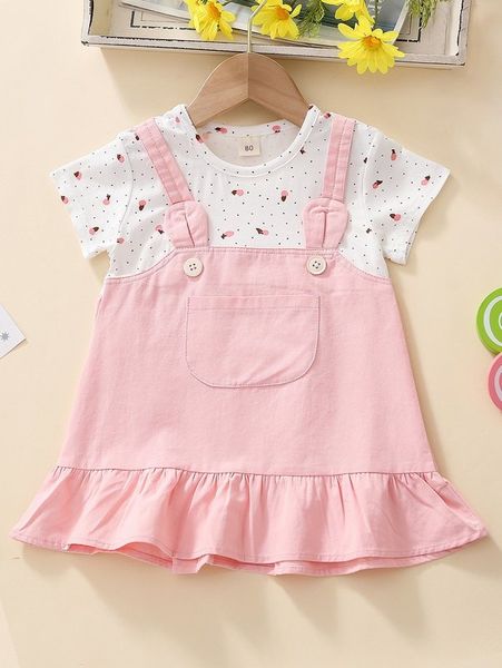 

baby floral print 3d ear design ruffle hem 2 in 1 dress she, Red;yellow