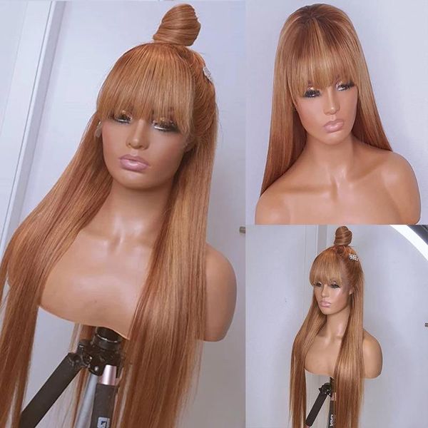 

lace wigs silky straight caramel remy malaysia human hair 180density front with bangs 13x6 fringe for black women, Black;brown