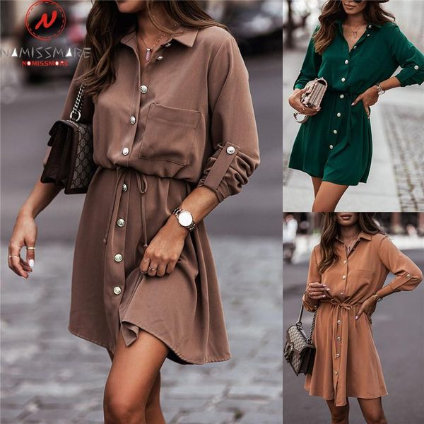 

casual dresses fashion women solid color a-line dress single-breasted design bandage decor turn-down collar long sleeve mid waist slim, Black;gray