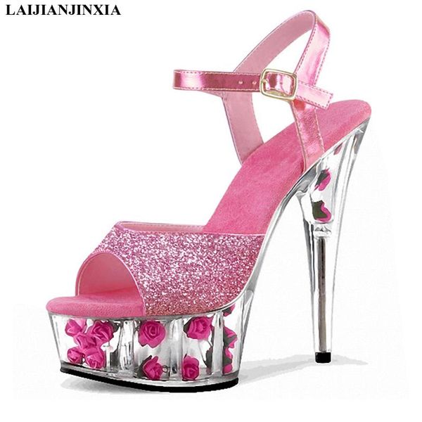 

dress shoes laijianjinxia fashion romantic rose 15cm high-heeled princess dancing sandals 6 inch exotic flowers crystal, Black