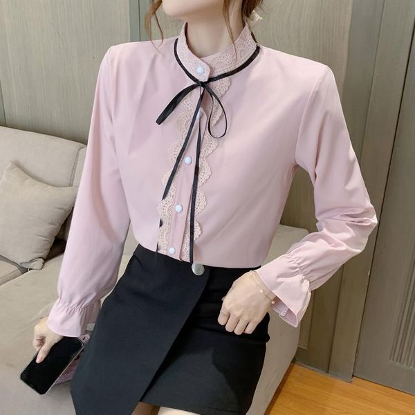 

women's blouses & shirts plus size blouse women 2021 autumn clothes bow stand collar flared sleeve korean fashion elegant solid color, White