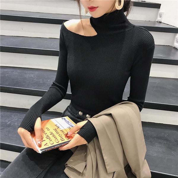 

women's sweaters off shoulder sweater pullovers for women 4 color long sleeve turtleneck female jumper black brown club clothing, White;black
