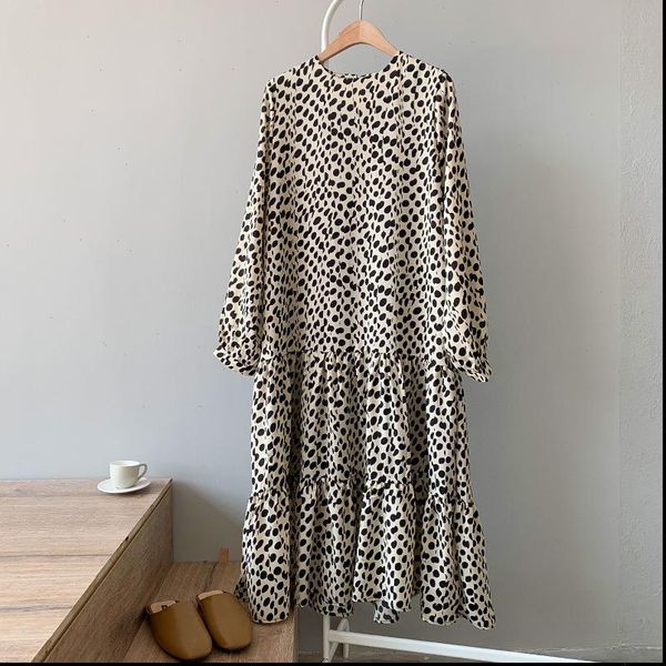 

2021 new arrival spring women o neck long sleeve print women vintage chiffon long dress elegant women casual dress vestidos, Black;gray