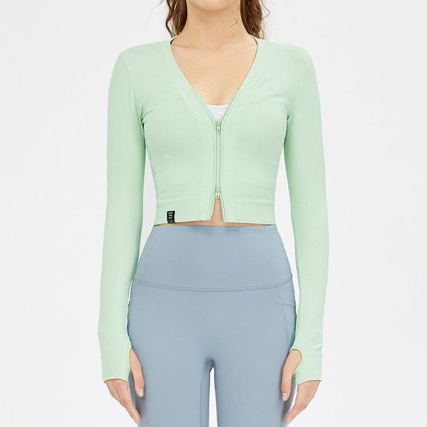 

yoga outfit women double zipper long sleeve running shirts v-neck seamless t-shirts solid sports quick dry fitness gym crop