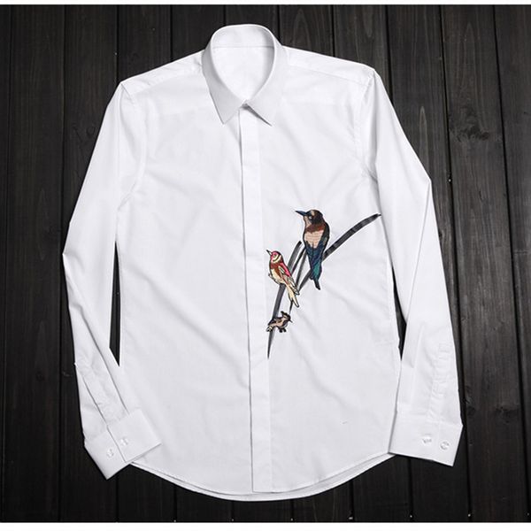 

2021 new spring and summer magpie embroidered shirts men long-sleeved cotton white male quality solid mens shirt camisa 4xl 9k0r