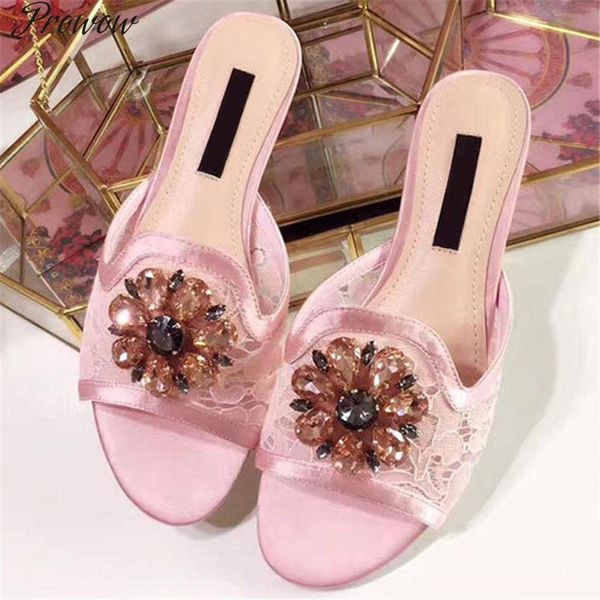 

slippers prowow lace beach woman summer slip on flat shoes women crystal flower slides ladies rhinestone sandals, Black