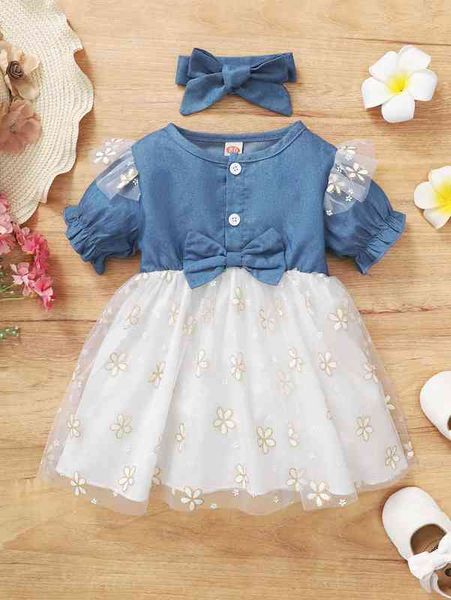 

baby contrast floral mesh ruffle trim bow front dress with headband she, Red;yellow