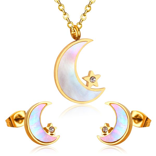 

moon pendant chain necklace earring dubai bridal wedding jewelry sets for women stainless steel set, Silver