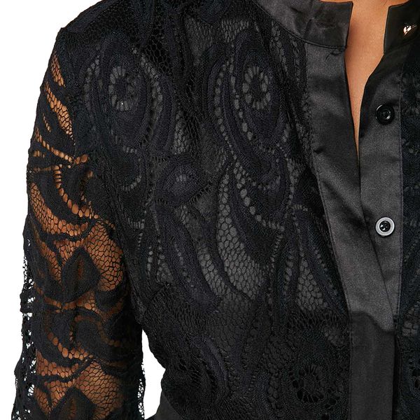 

2019 new plus size women fashion see-through lace long flare sleeve blouse slim fit hand-wash blouse fashion mesh blouse womens, White