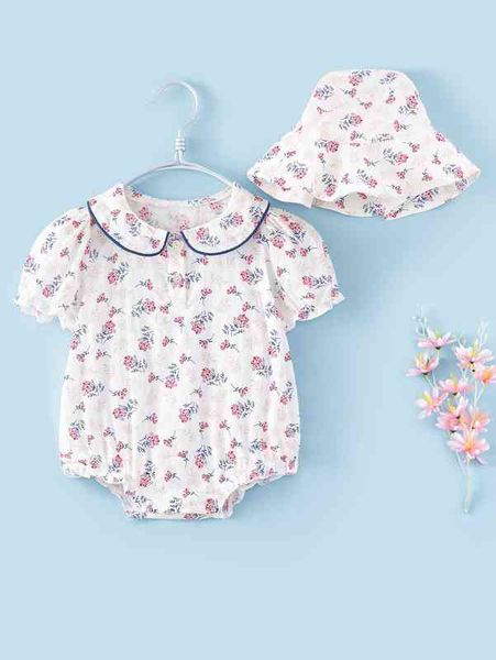 

baby ditsy floral lace trim bodysuit with cat she, Blue