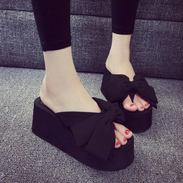 

fashion bowknot slippers woman beach flip flops summer sandals slip- resistant slippers platform sandals size 35-40, Black