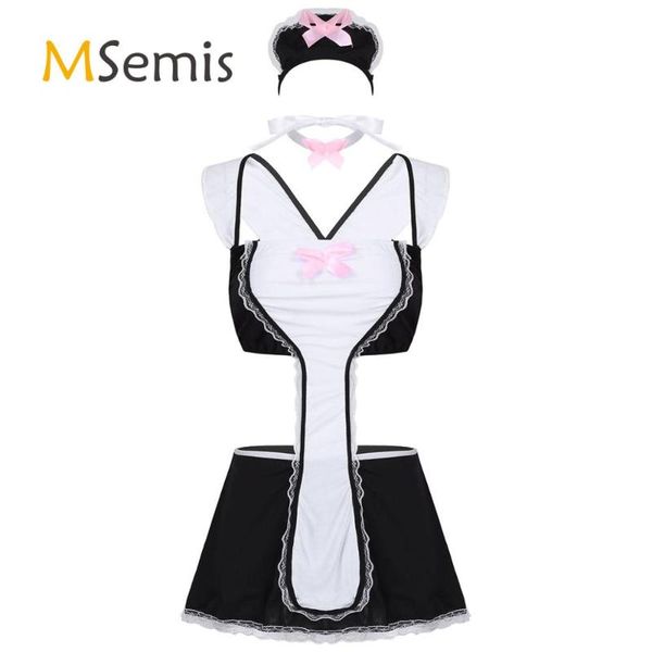

one-piece suits maid costume bodysuit womens lace trim lingerie set back cross bra skirt with g-string briefs headband neck strap for cospla
