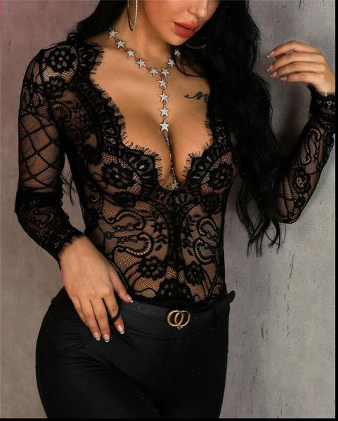 

bodysuit lace bodycon women rompers long sleeve leotard body mesh gothic club party wear s xl, Black;white