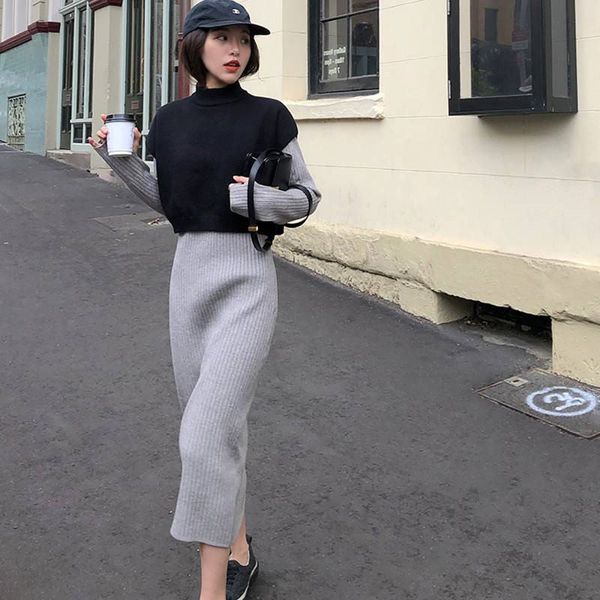 

2021 new autumn winter fashion women suit oversize knitted vest pullover and bodycon sweater two piece set k277eoi0, Black;gray