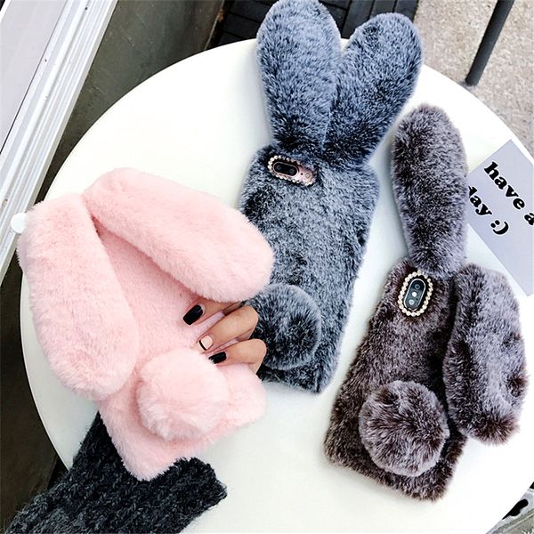 

cute plush warm phone case for iphone 11 pro max se xs max xr x 6 7 8 plus rabbit ears fur fluffy women diamond soft cover shell