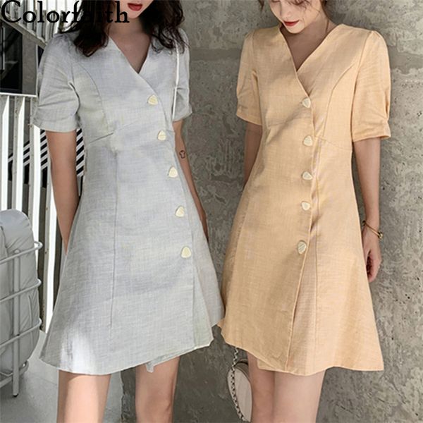 

colorfith new 2021 women spring summer dress csul v-neck high wist single brested puff sleeve fshionble mini dress dr2075, Black;gray