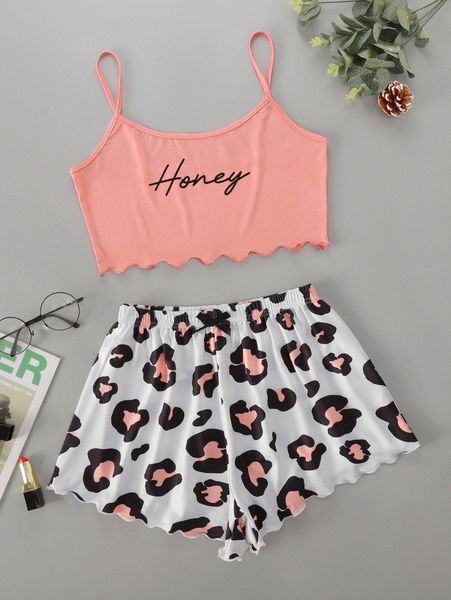 

plus letter graphic lettuce trim pajama set v9pc#, Black;white