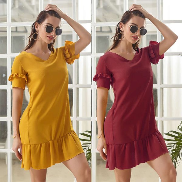 

solid color short skirt simple v-neck lotus sve pleated drs for women, White