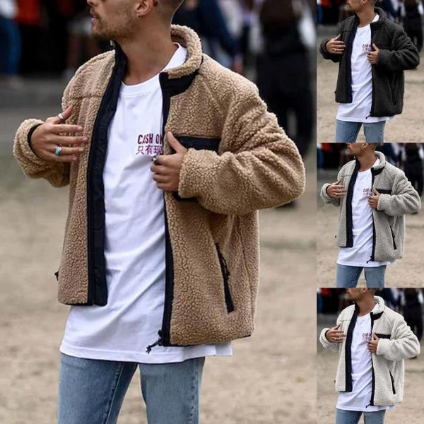 

men winter long sleeve stand collar faux fleece zipper pocket warm coat jacket, Black;brown