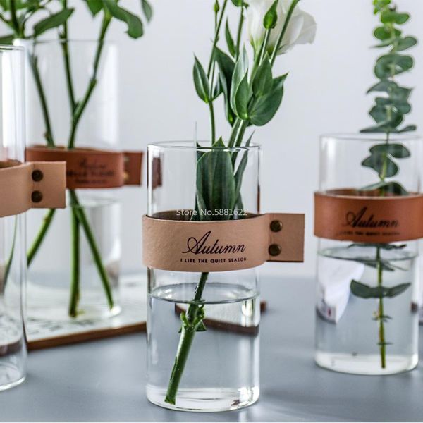 

vases nordic creative glass flower vase tablehydroponic plant leather handle beige brown water cup mug home decor