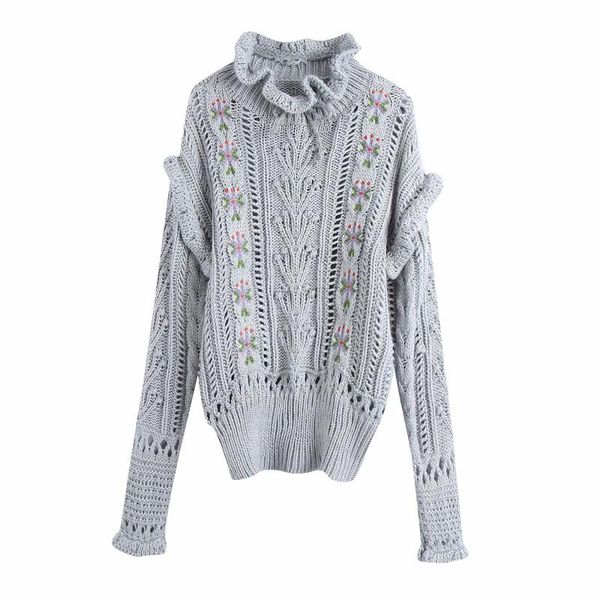 

women's sweaters puwd casual woman embroidery hollow out sweater 2021 fashion ladies autumn soft mock neck knitwear female elegant knit, White;black